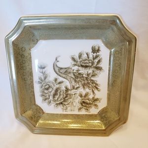Andrea by Sadek Vtg Green and Gold 8"  Square Peacock Plate, Made in Japan
